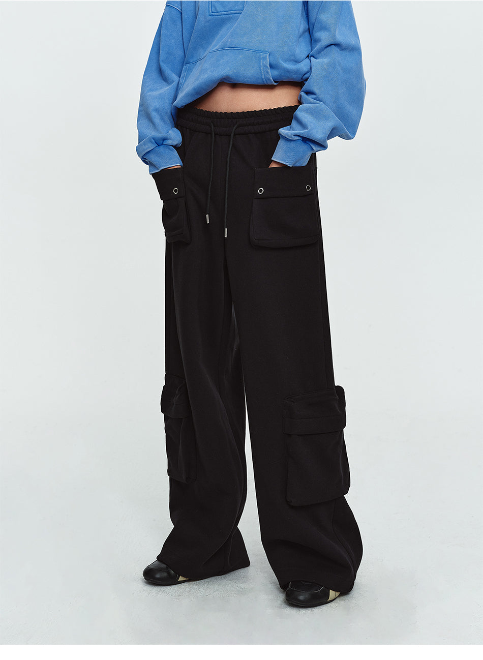 MADWITCH MULTI-POCKET DRAWSTRING WIDE-LEG SWEATPANTS #HL801
