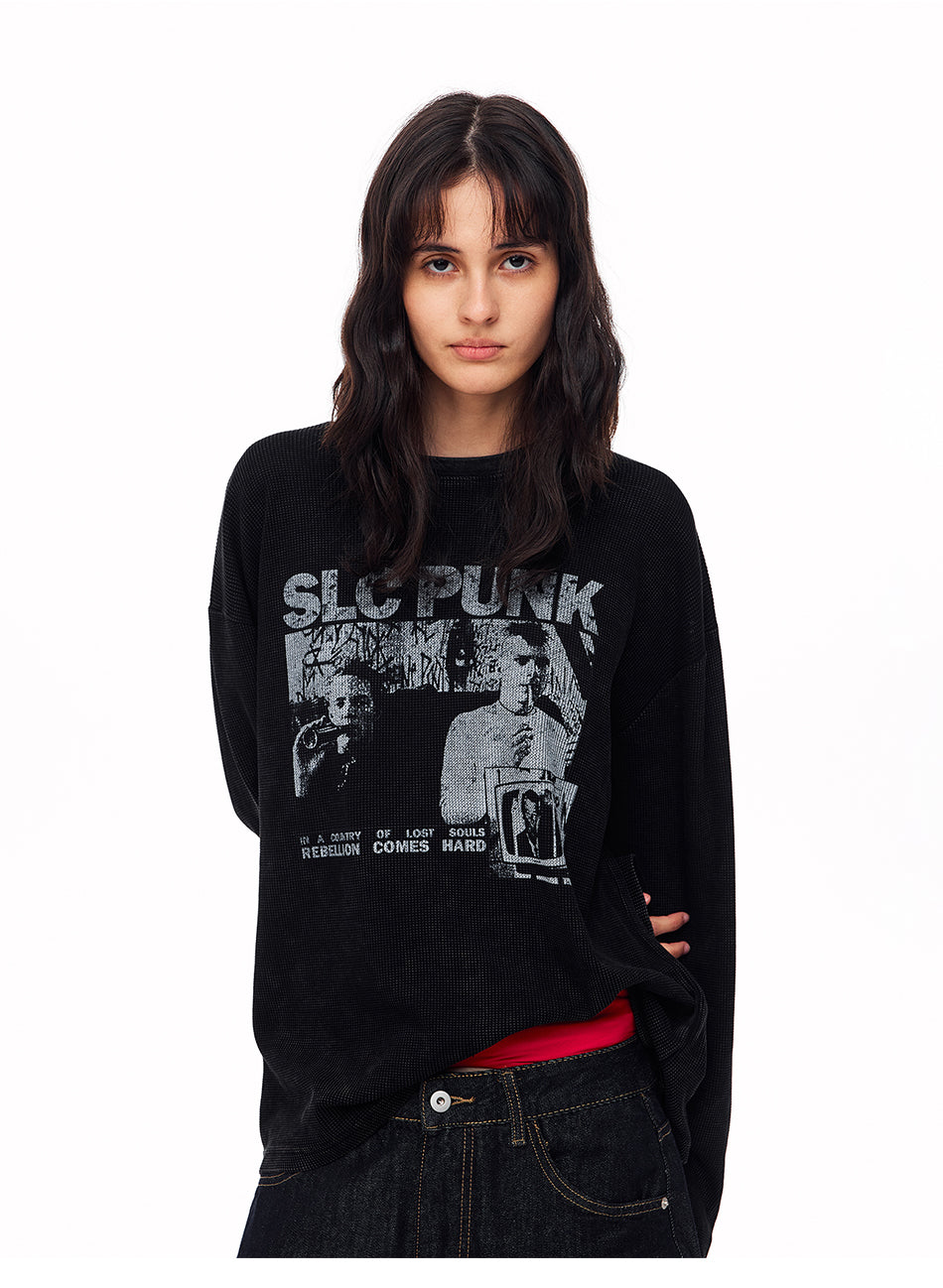 MADWITCH PUNK DISTRESSED WAFFLE-KNIT GRAPHIC T-SHIRT #N2195