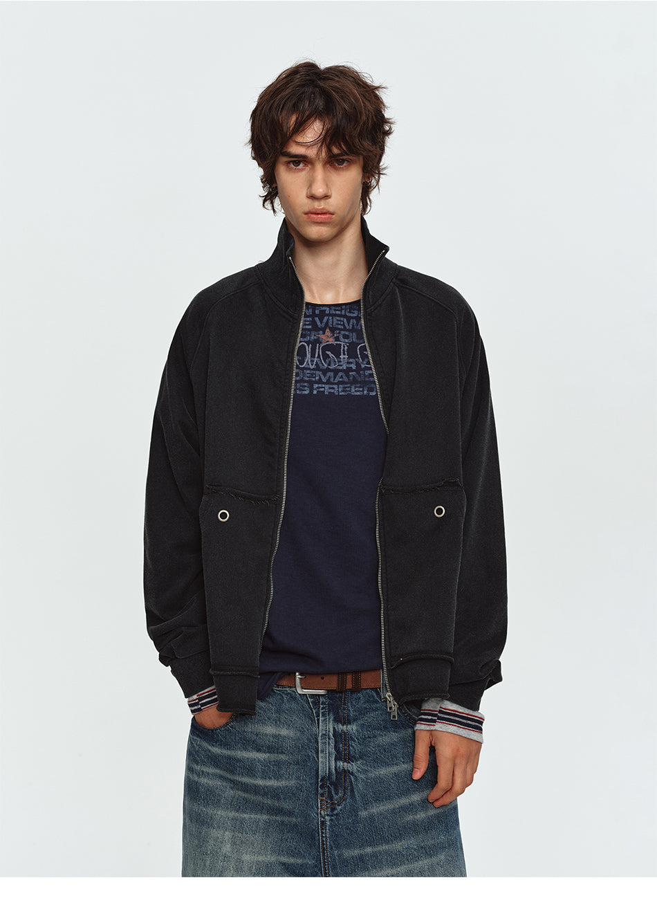MADWITCH WASHED EYELET-POCKET ZIP SWEATSHIRT JACKET #CW1382