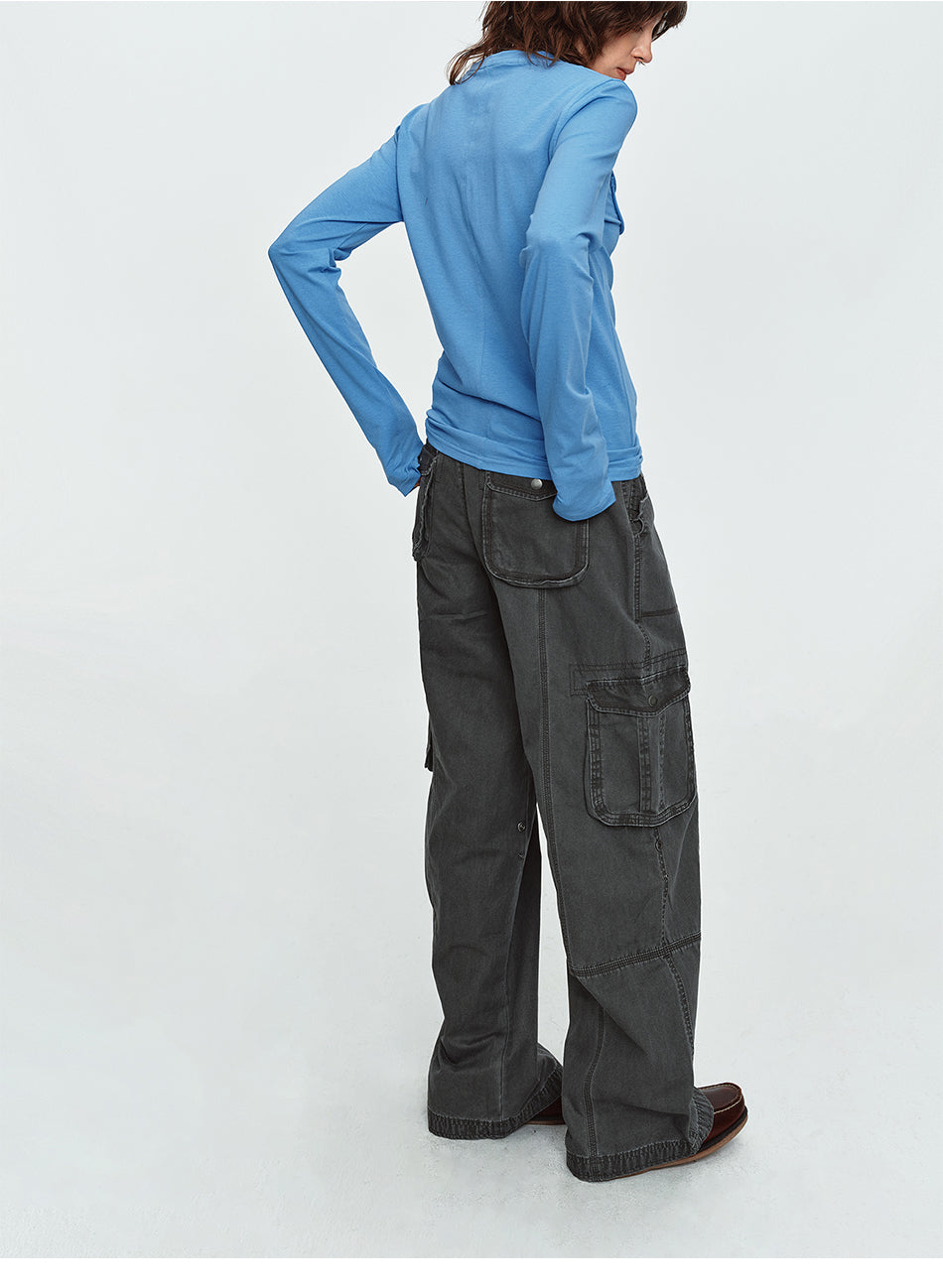 MADWITCH WASHED CONTRAST-STITCH WIDE-LEG CARGO PANTS #GPC61110N