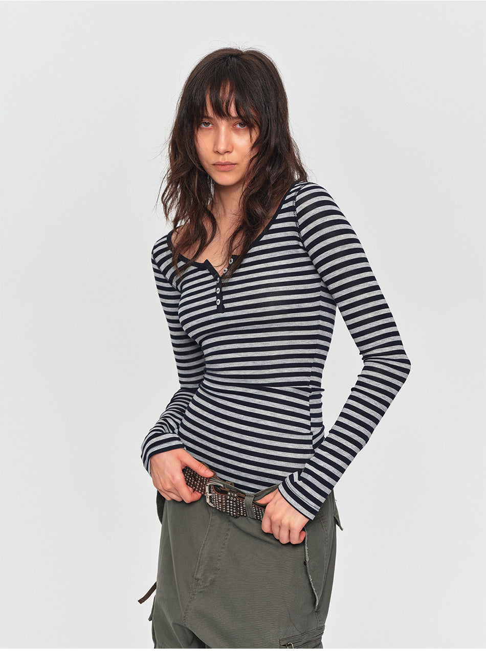 MADWITCH STRIPED LYOCELL HENLEY TEE #L2026530
