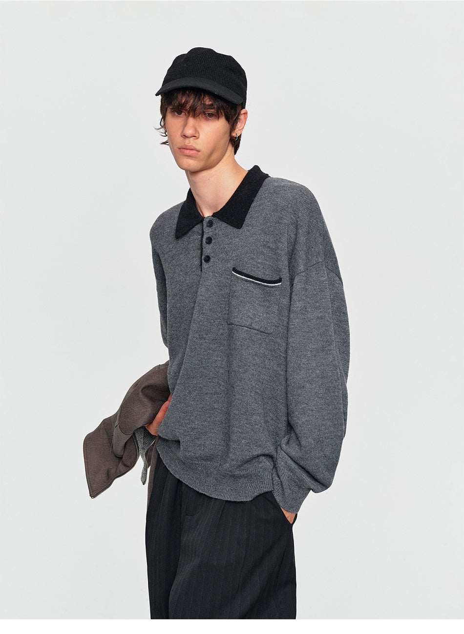 MADWITCH MARLED CONTRAST-COLLAR POLO SWEATER #AW26823