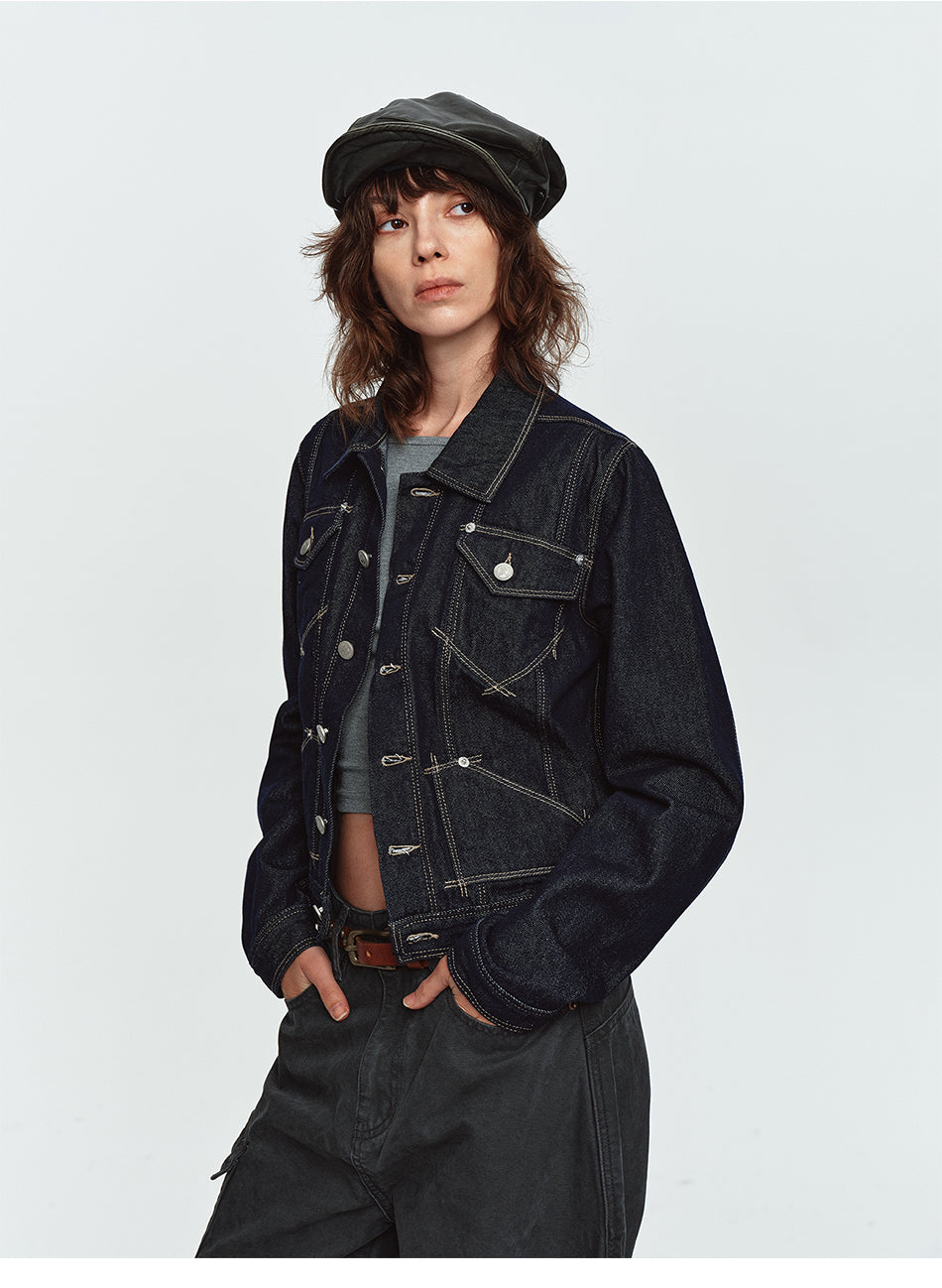MADWITCH CONTRAST-STITCH CROPPED DENIM JACKET #C2026419