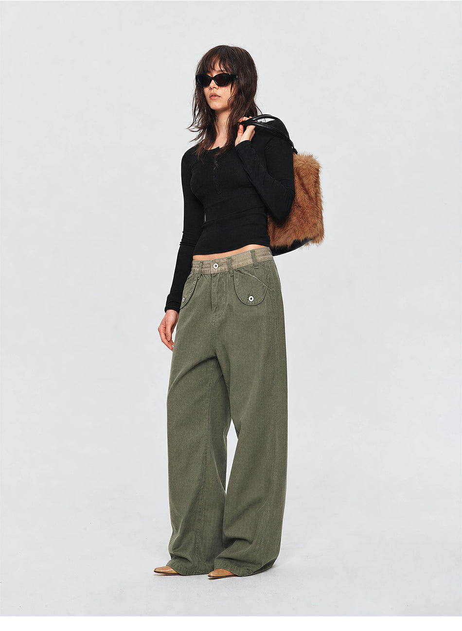 MADWITCH CONTRAST-WAIST FLAP-POCKET CARGO PANTS #Z071