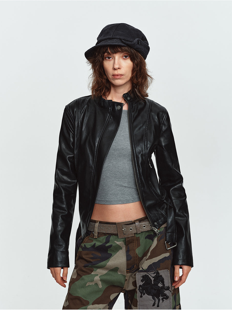 MADWITCH BELTED CROPPED FAUX-LEATHER BIKER JACKET #CW1383N
