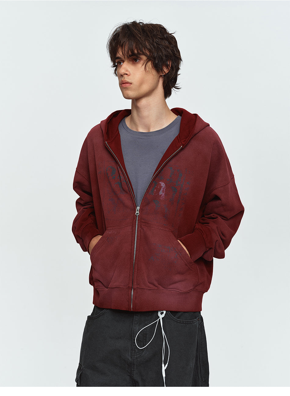 MADWITCH WASHED DISTRESSED PORTRAIT-GRAPHIC OVERSIZED ZIP HOODIE #27590