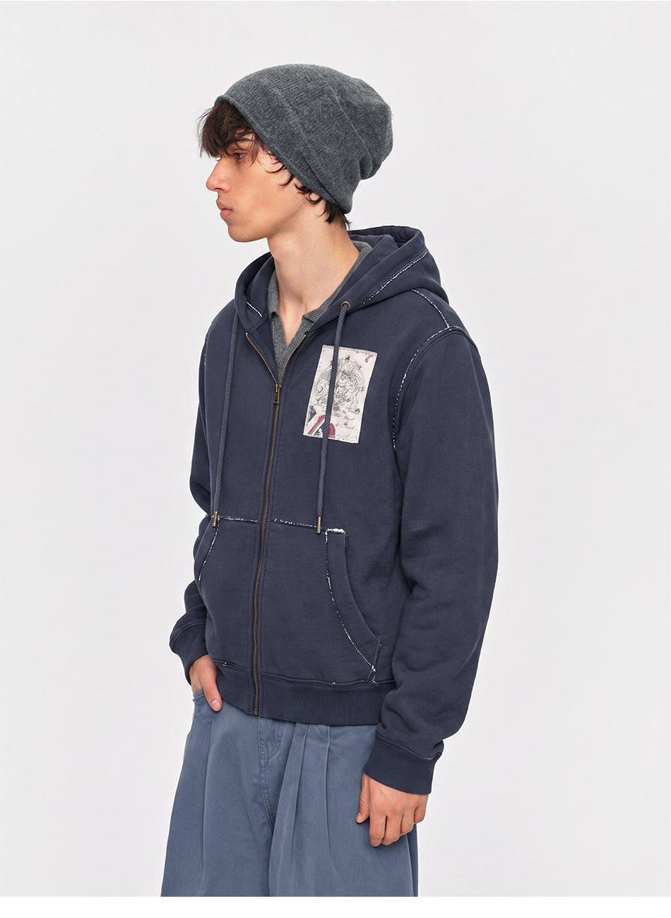 MADWITCH WASHED GRAPHIC-PATCH CROPPED ZIP HOODIE #2606WT5096