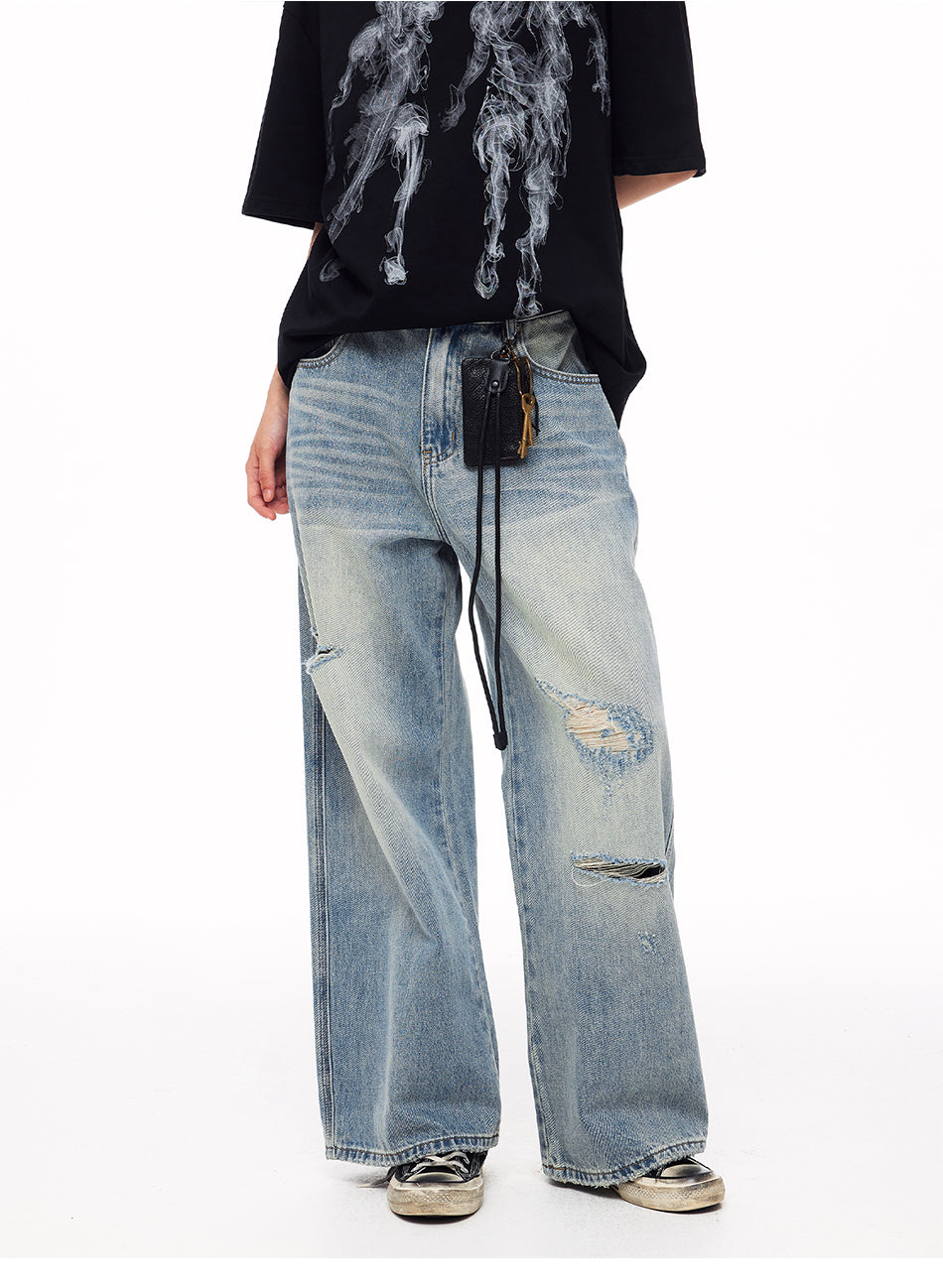 MADWITCH DISTRESSED BUCKLE-BACK WIDE-LEG JEANS #CK9839