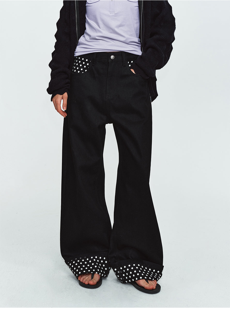 MADWITCH POLKA-DOT PATCHWORK CUFFED WIDE-LEG JEANS #G60087