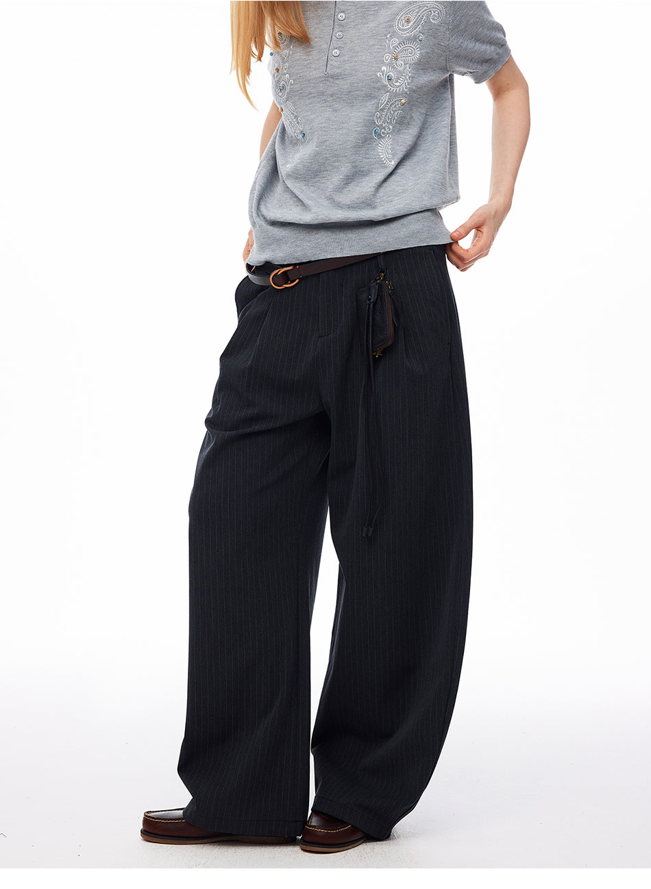 MADWITCH STRIPED PLEATED CURVED WIDE-LEG PANTS #CK61039
