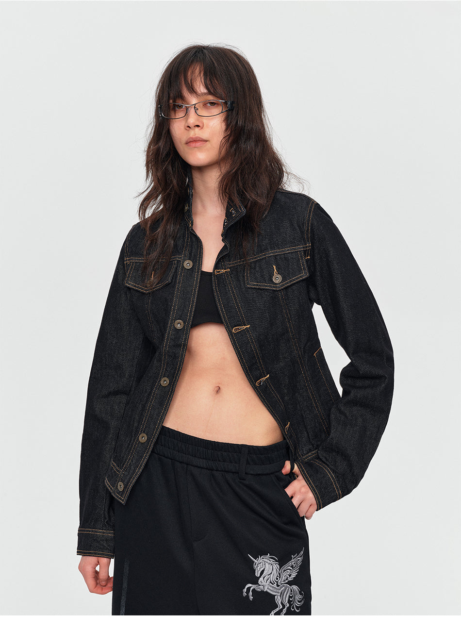 MADWITCH CONTRAST-STITCH CROPPED DENIM JACKET #Z1649