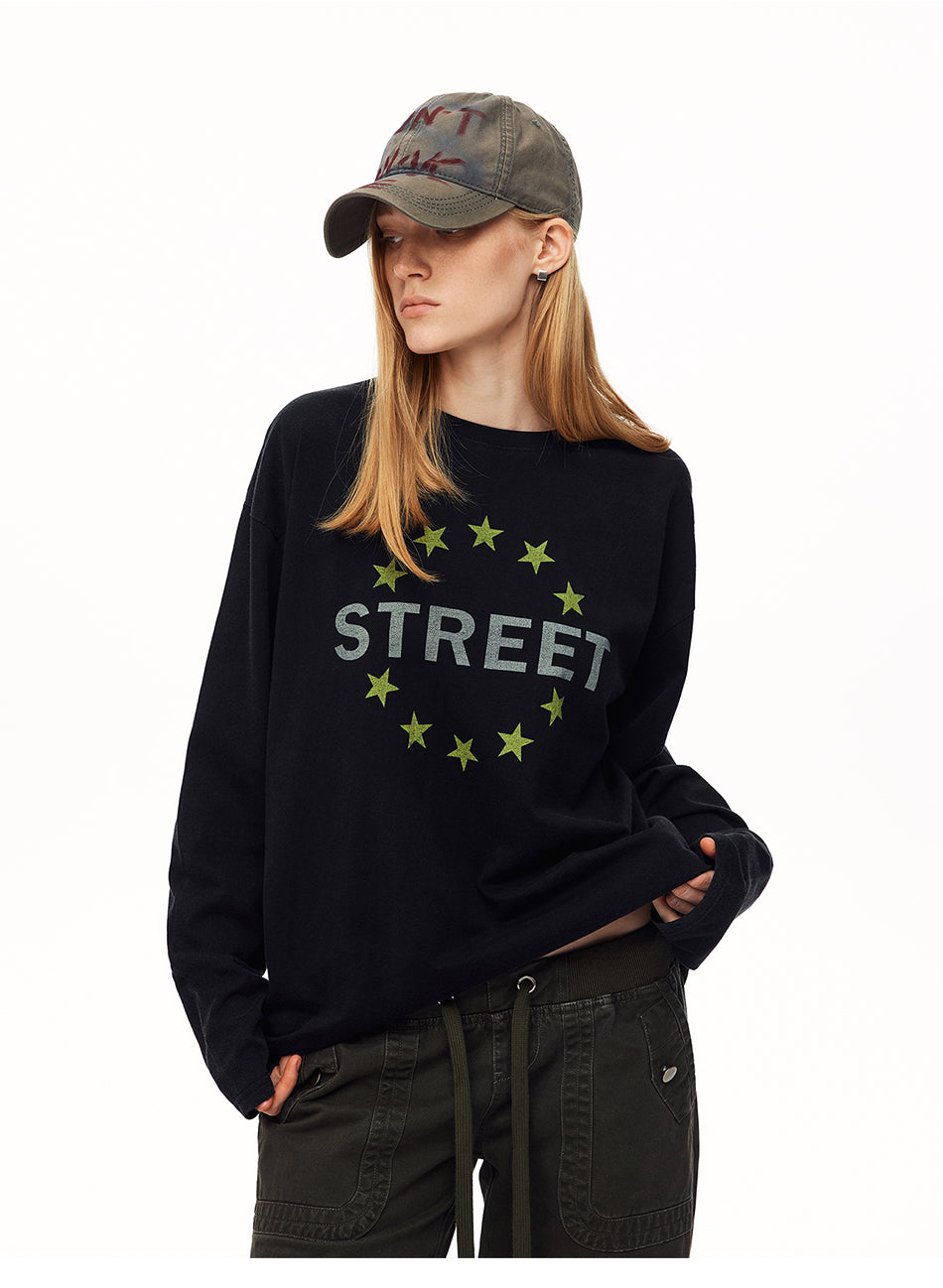 MADWITCH STREETWEAR DISTRESSED STAR-PRINT LONG-SLEEVE T-SHIRT #N2193