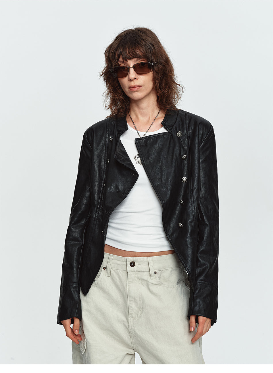 MADWITCH ASYMMETRIC DOUBLE-BREASTED CROPPED FAUX-LEATHER JACKET #C2026351
