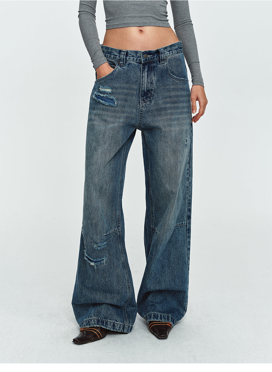 MADWITCH CONTRAST-STITCH WAXED-BLACK WIDE-LEG JEANS #GPC9859