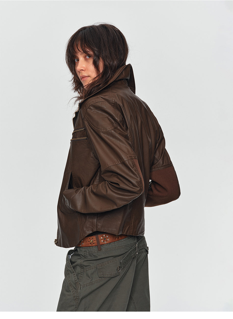 MADWITCH DISTRESSED MULTI-ZIP STAND-COLLAR LEATHER MOTO JACKET #251623