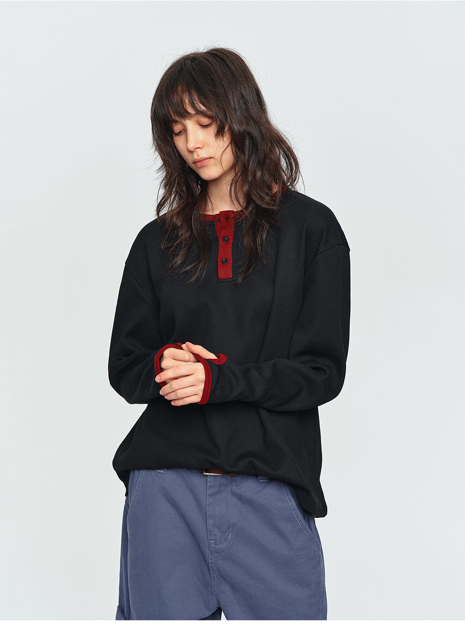 MADWITCH THUMB-HOLE CONTRAST WAFFLE HENLEY SHIRT #RT108