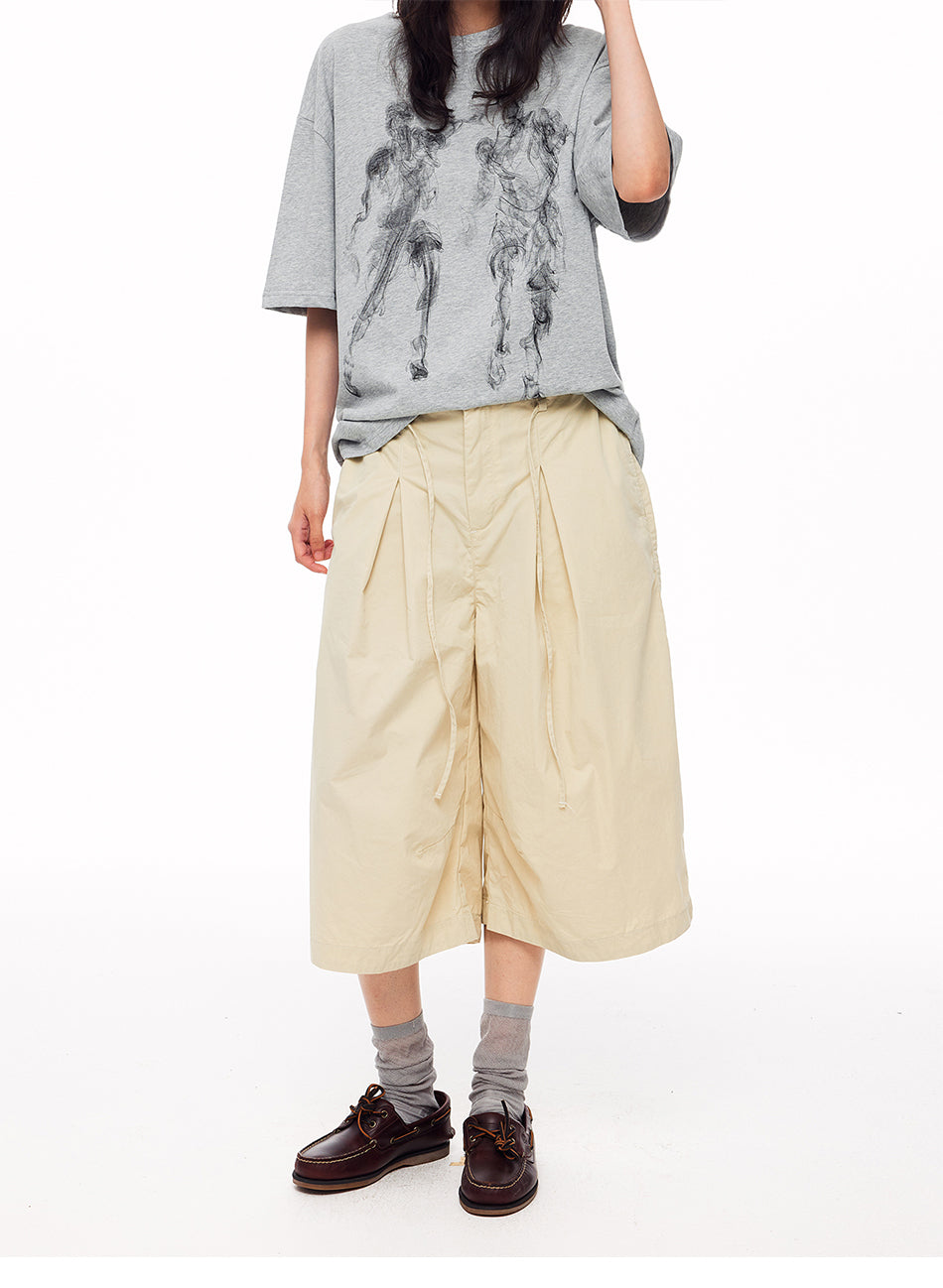 MADWITCH PLEATED DRAWSTRING DROPPED WIDE-LEG CAPRI PANTS #CK279D
