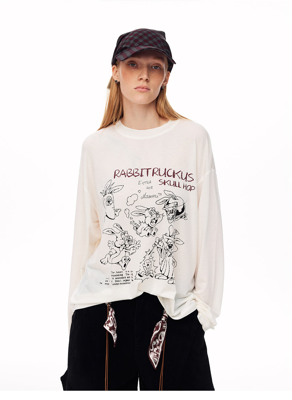 MADWITCH LOOSE RABBIT-PRINT LYOCELL LONG-SLEEVE T-SHIRT #N2191