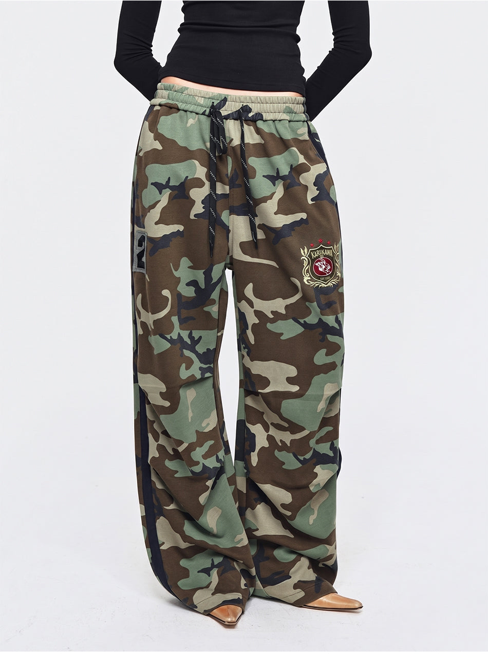 MADWITCH EMBROIDERED SIDE-STRIPE CAMO WIDE-LEG PANTS #CK61091