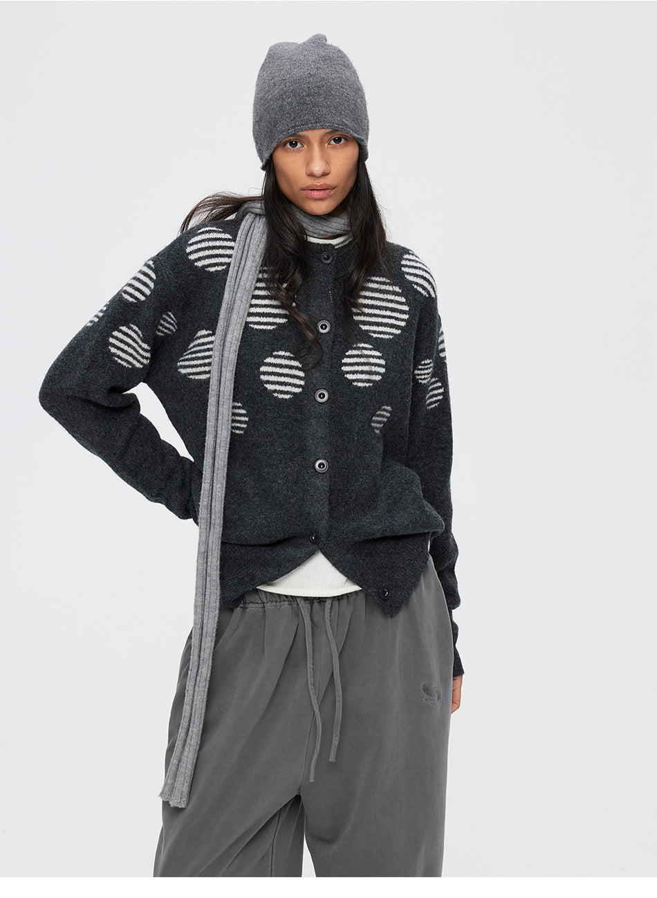 MADWITCH POLKA-DOT JACQUARD CREWNECK RELAXED BUTTON CARDIGAN #27630