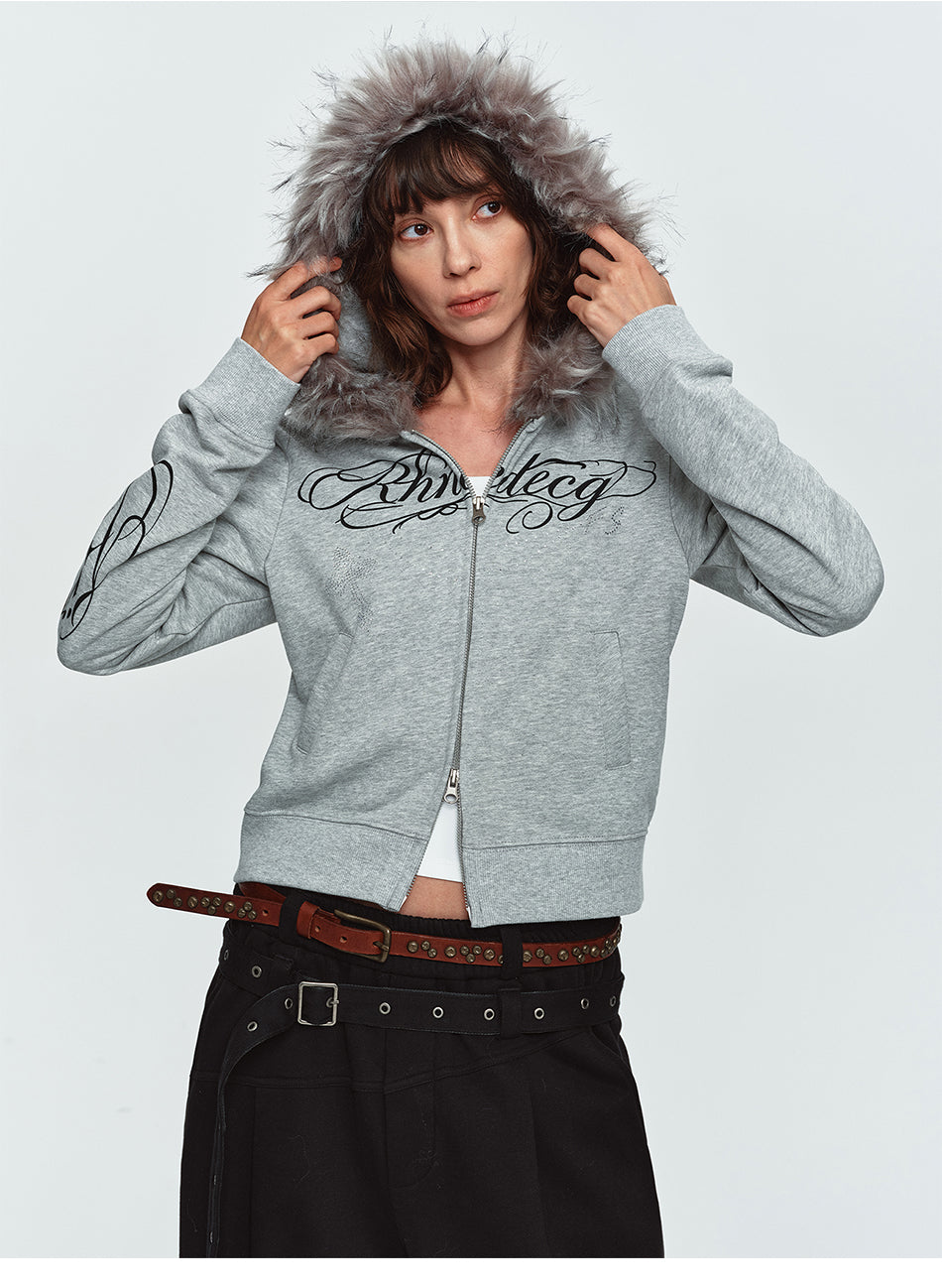 MADWITCH RHINESTONE-SCRIPT FAUX-FUR TRIM CROPPED ZIP HOODIE #L2026585