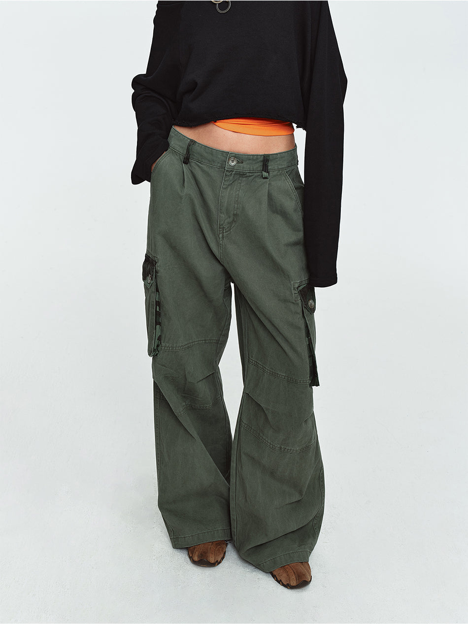 MADWITCH PLEATED CAMO-PATCHWORK WASHED CARGO PANTS #6851