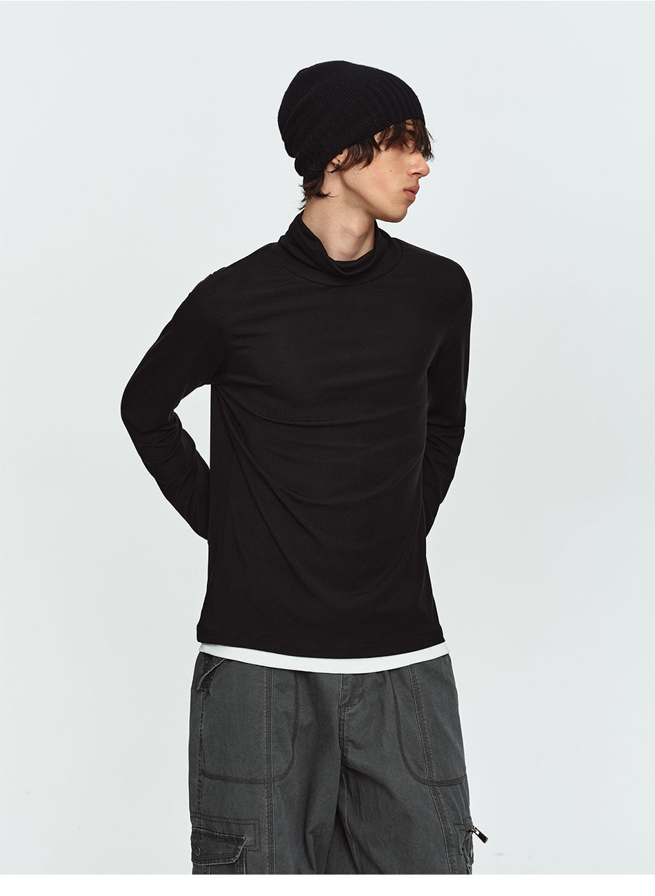 MADWITCH CONTRAST-LAYERED LYOCELL HIGH-NECK SLIM-FIT LONGSLEEVE TEE #AW26144
