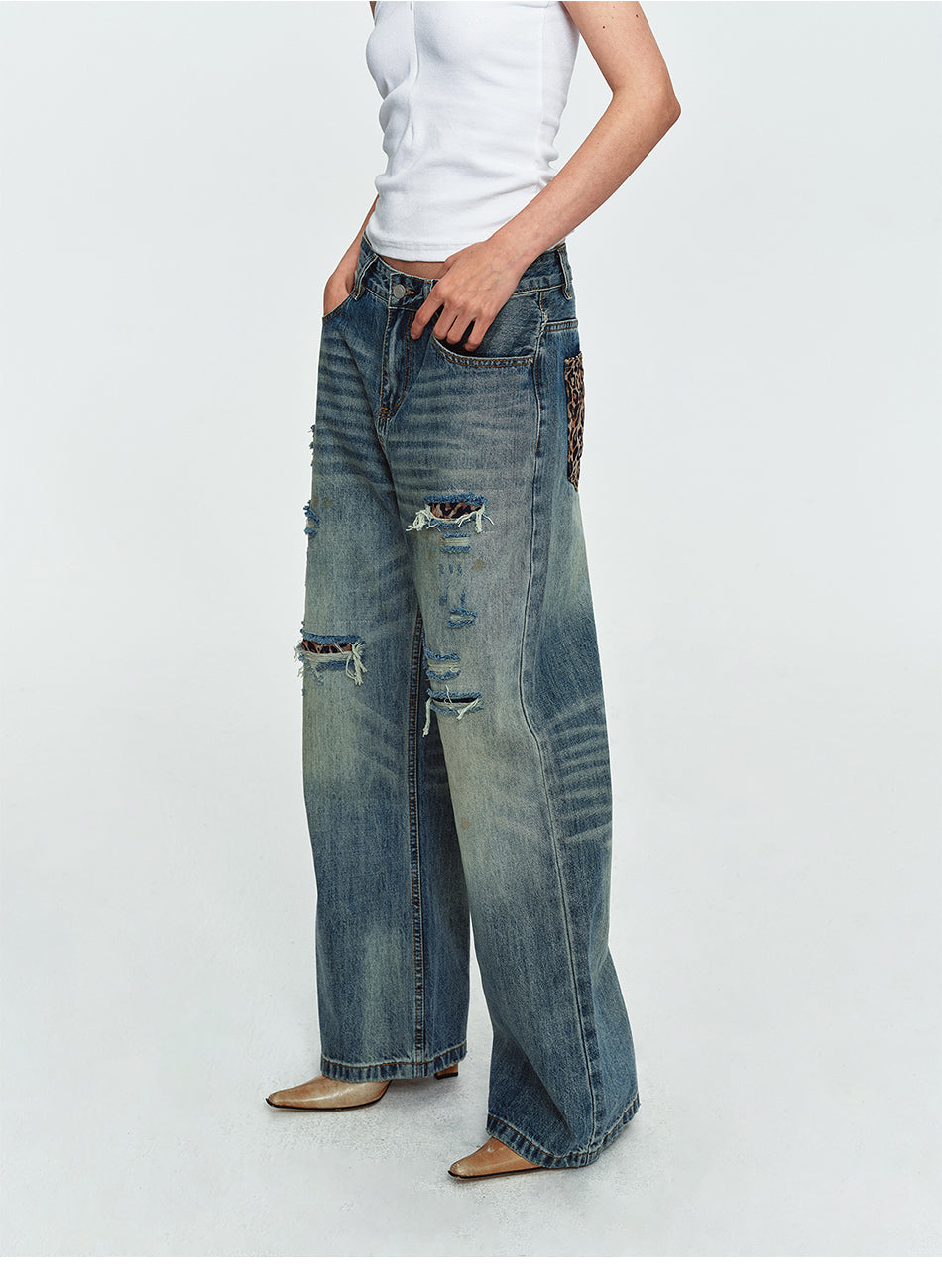 MADWITCH LEOPARD-POCKET DISTRESSED WIDE-LEG JEANS #G60073