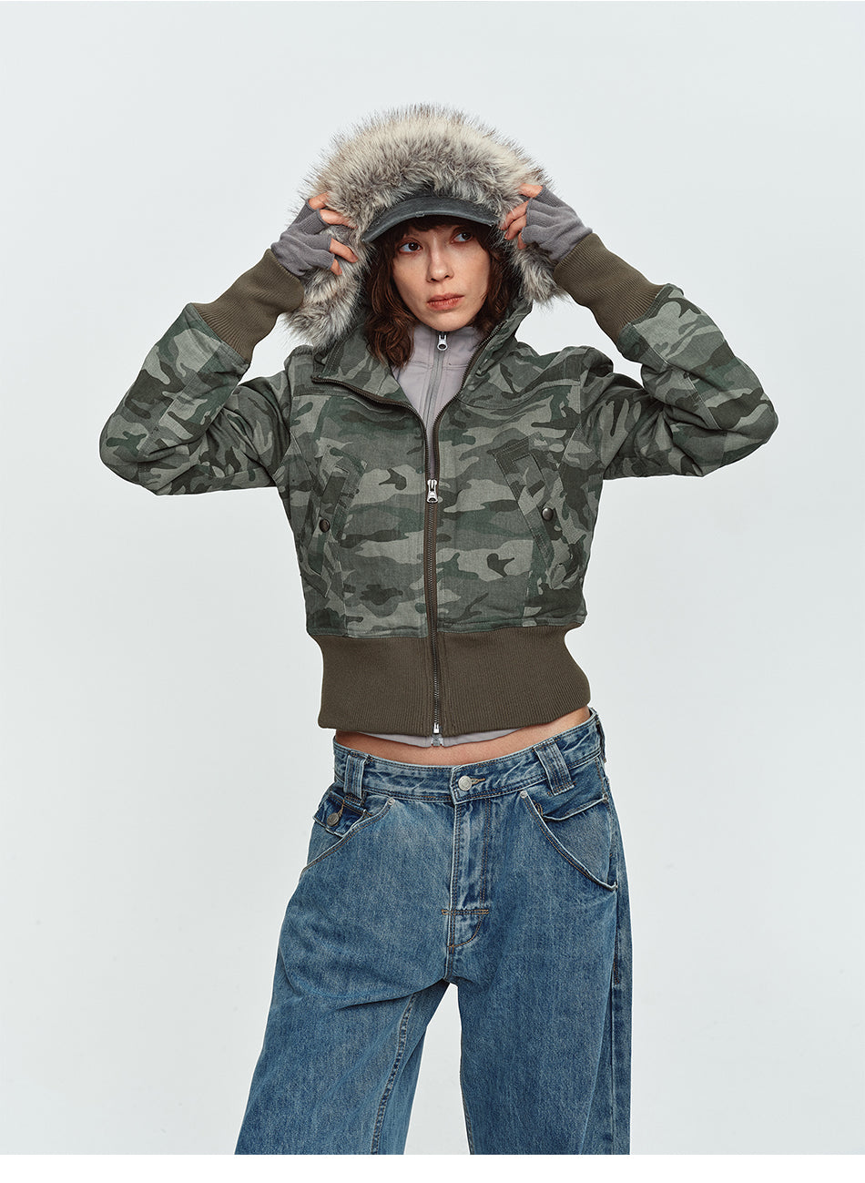 MADWITCH FAUX-FUR HOODED CINCHED CROPPED CAMO PUFFER #L2026539