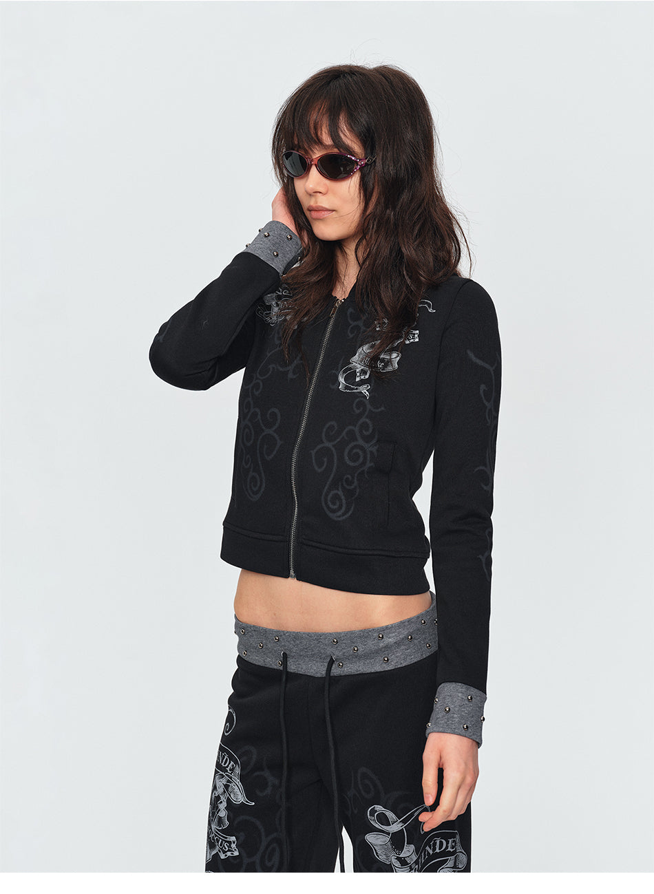 MADWITCH STUDDED SCROLL-PRINT HOODIE CARDIGAN #L2026544