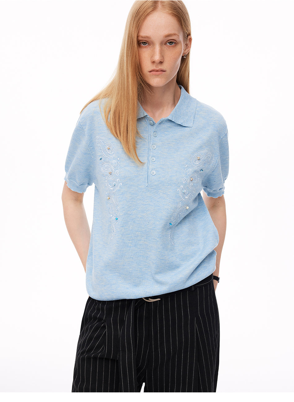 MADWITCH EMBROIDERED BEADED PAISLEY KNIT POLO #991358
