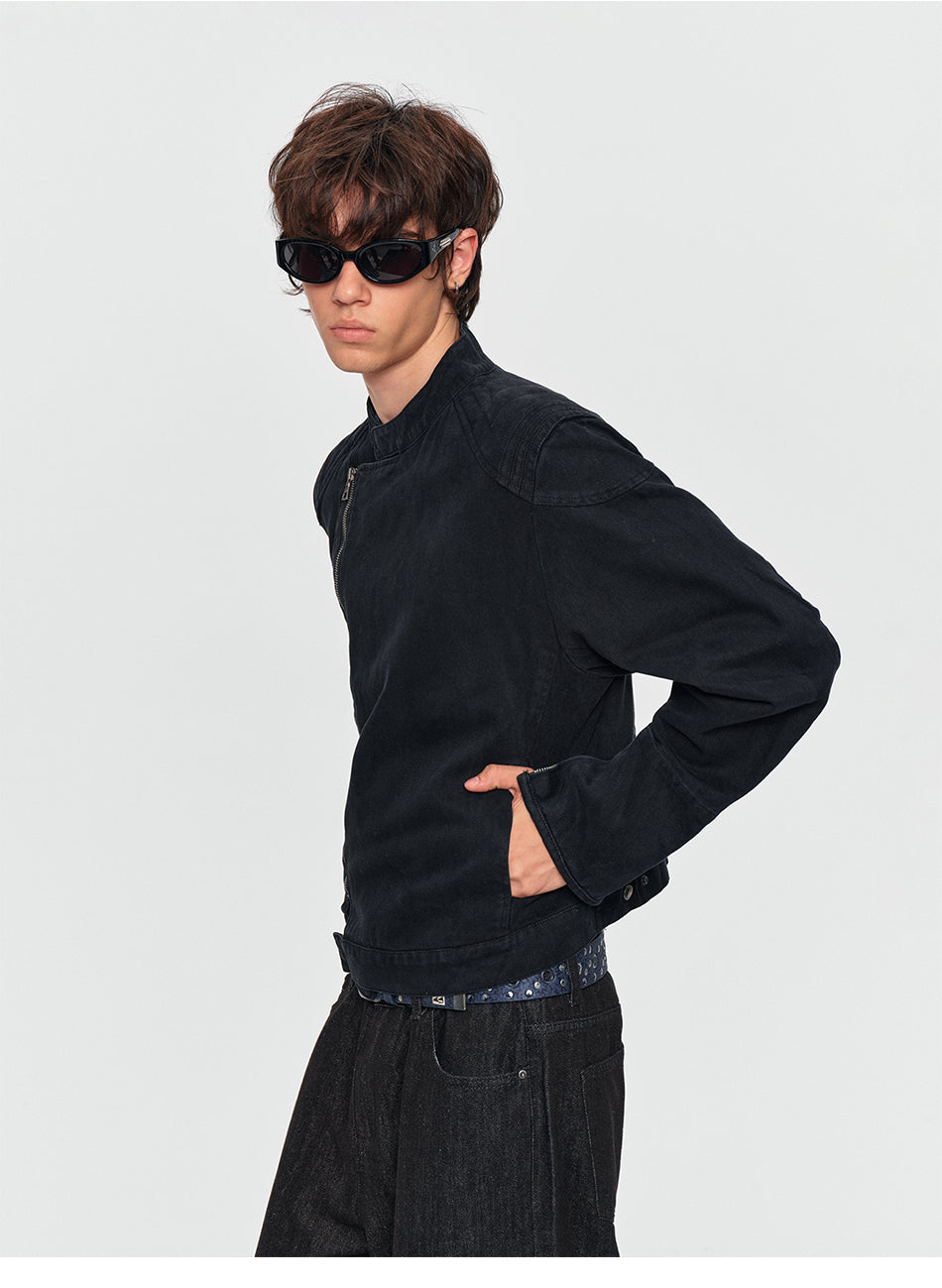 MADWITCH ASYMMETRIC-ZIP WASHED STAND-COLLAR CROPPED MOTO JACKET #261627