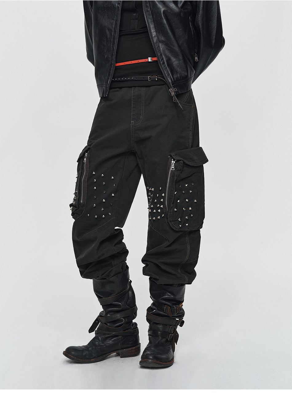MADWITCH STUDDED WASHED MULTI-POCKET CARGO PANTS #L2026580