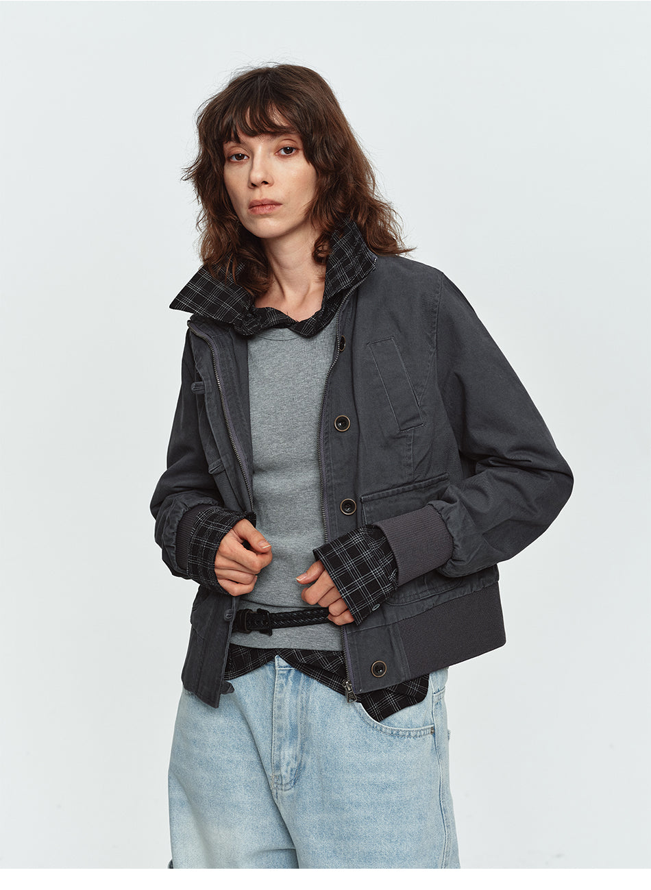MADWITCH WASHED DISTRESSED MULTI-POCKET STAND-COLLAR CROPPED UTILITY JACKET #N606