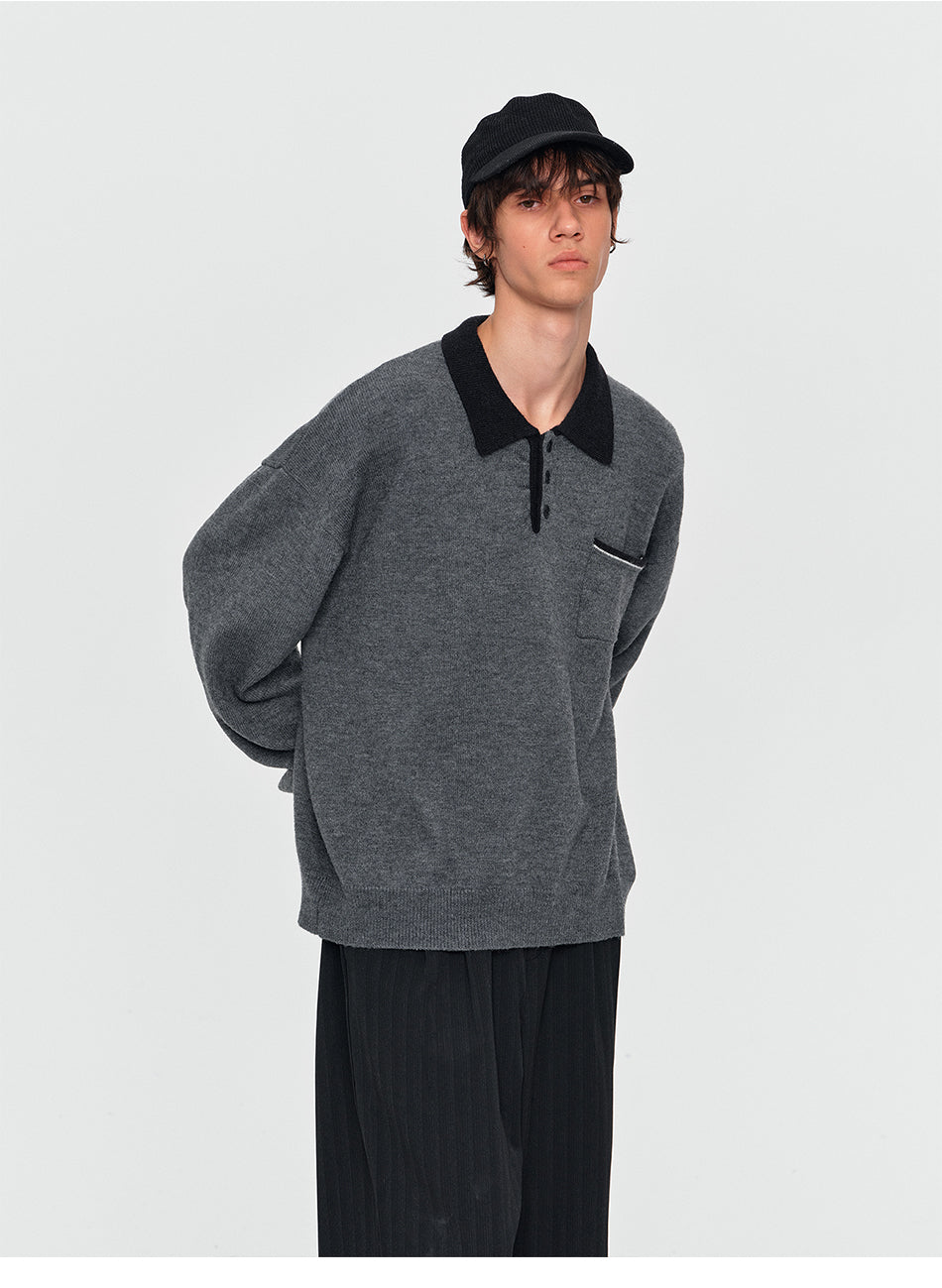 MADWITCH MARLED CONTRAST-COLLAR POLO SWEATER #AW26823