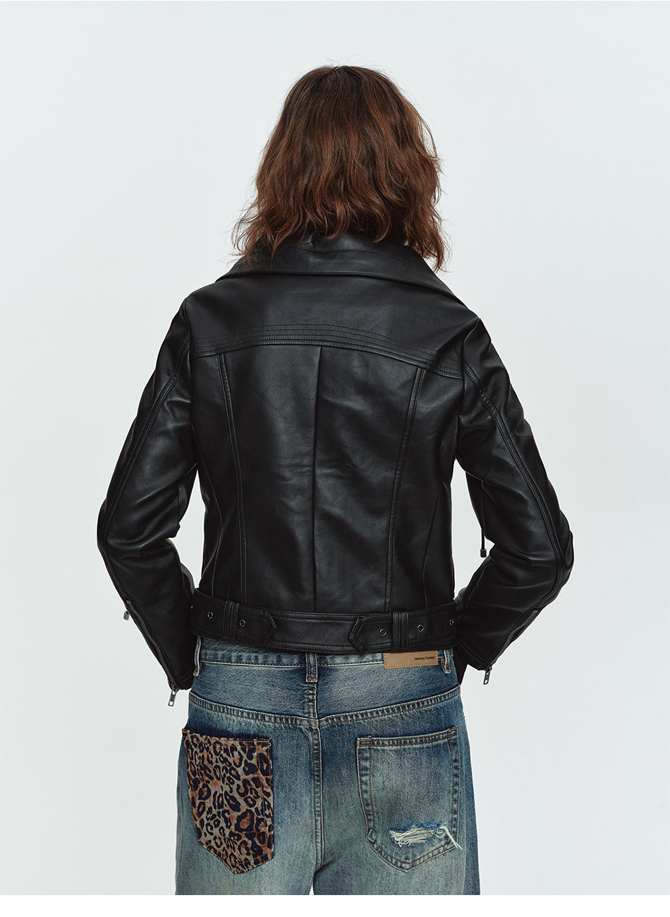MADWITCH ASYMMETRIC-ZIP HIGH-COLLAR CROPPED FAUX-LEATHER BIKER JACKET #L2026611