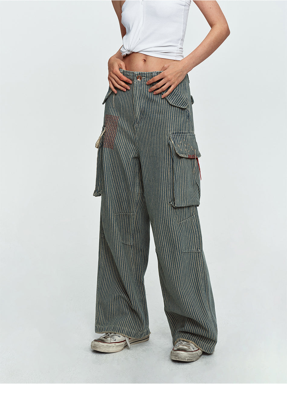 MADWITCH WASHED STRIPED MULTI-POCKET CARGO PANTS #CK9860