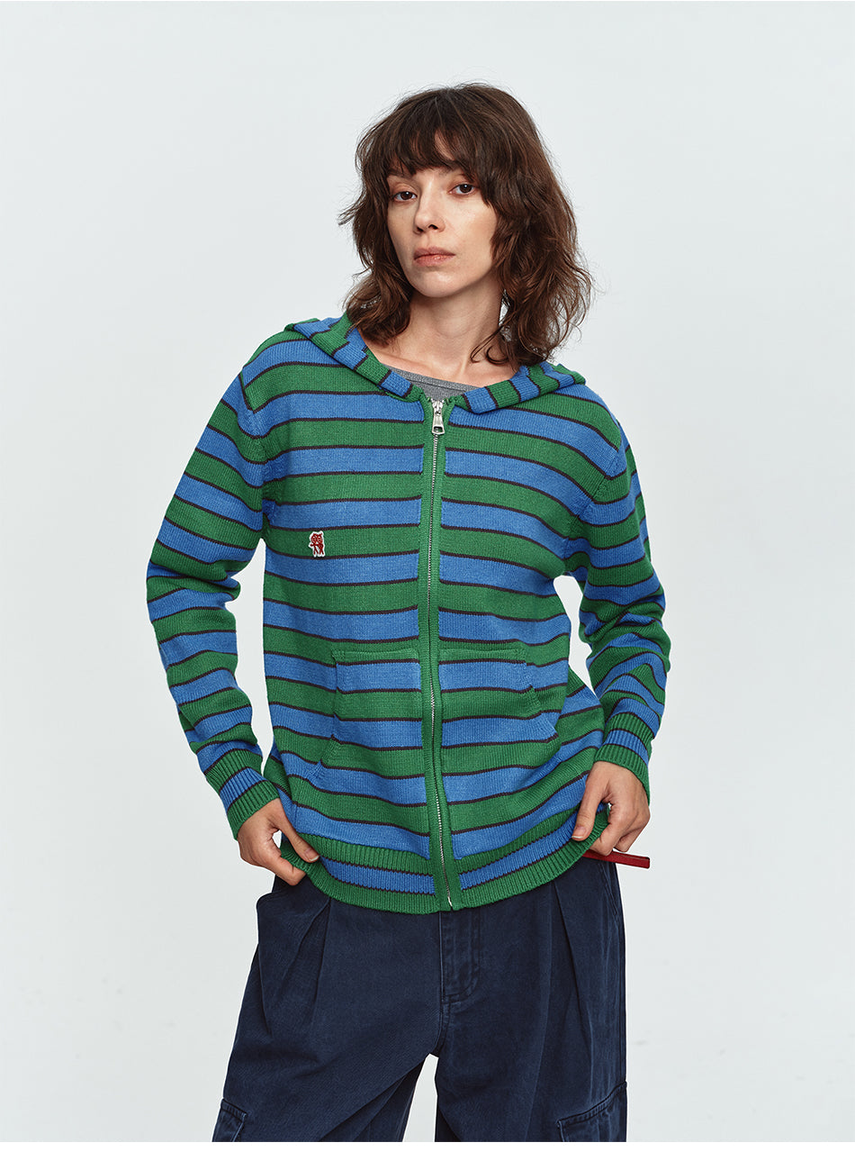 MADWITCH STRIPED EMBROIDERED ZIP HOODED CARDIGAN #L2026746