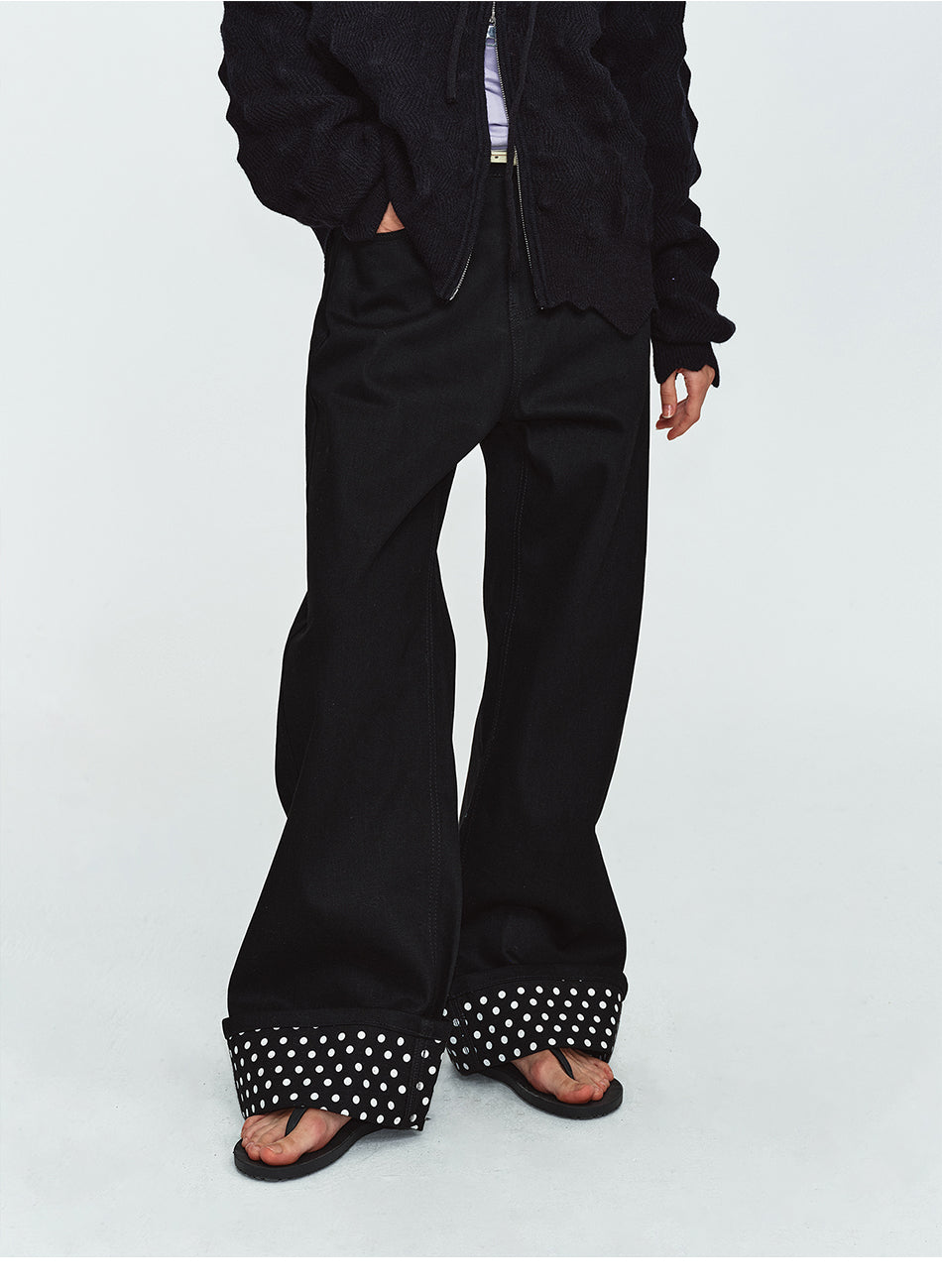 MADWITCH POLKA-DOT PATCHWORK CUFFED WIDE-LEG JEANS #G60087