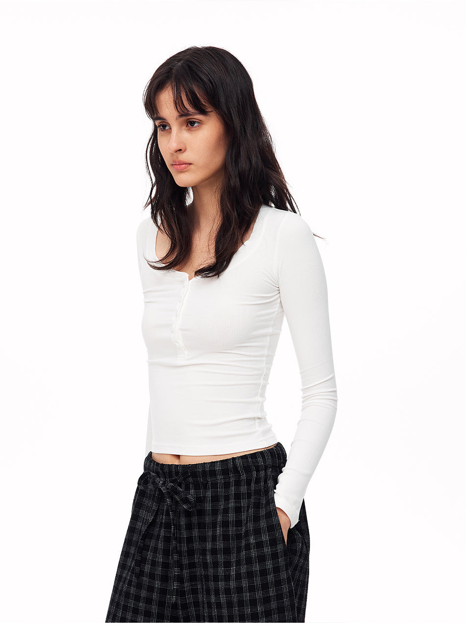 MADWITCH RIBBED U NECK HENLEY LONG SLEEVE TEE #G2079