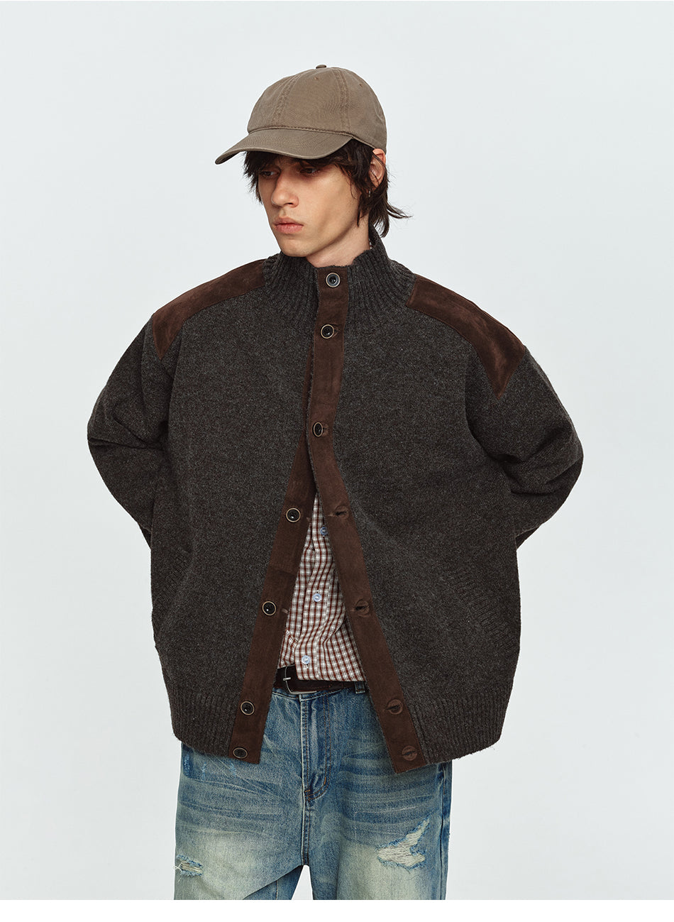 MADWITCH FAUX-SUEDE PANEL STAND-COLLAR KNIT CARDIGAN #991523