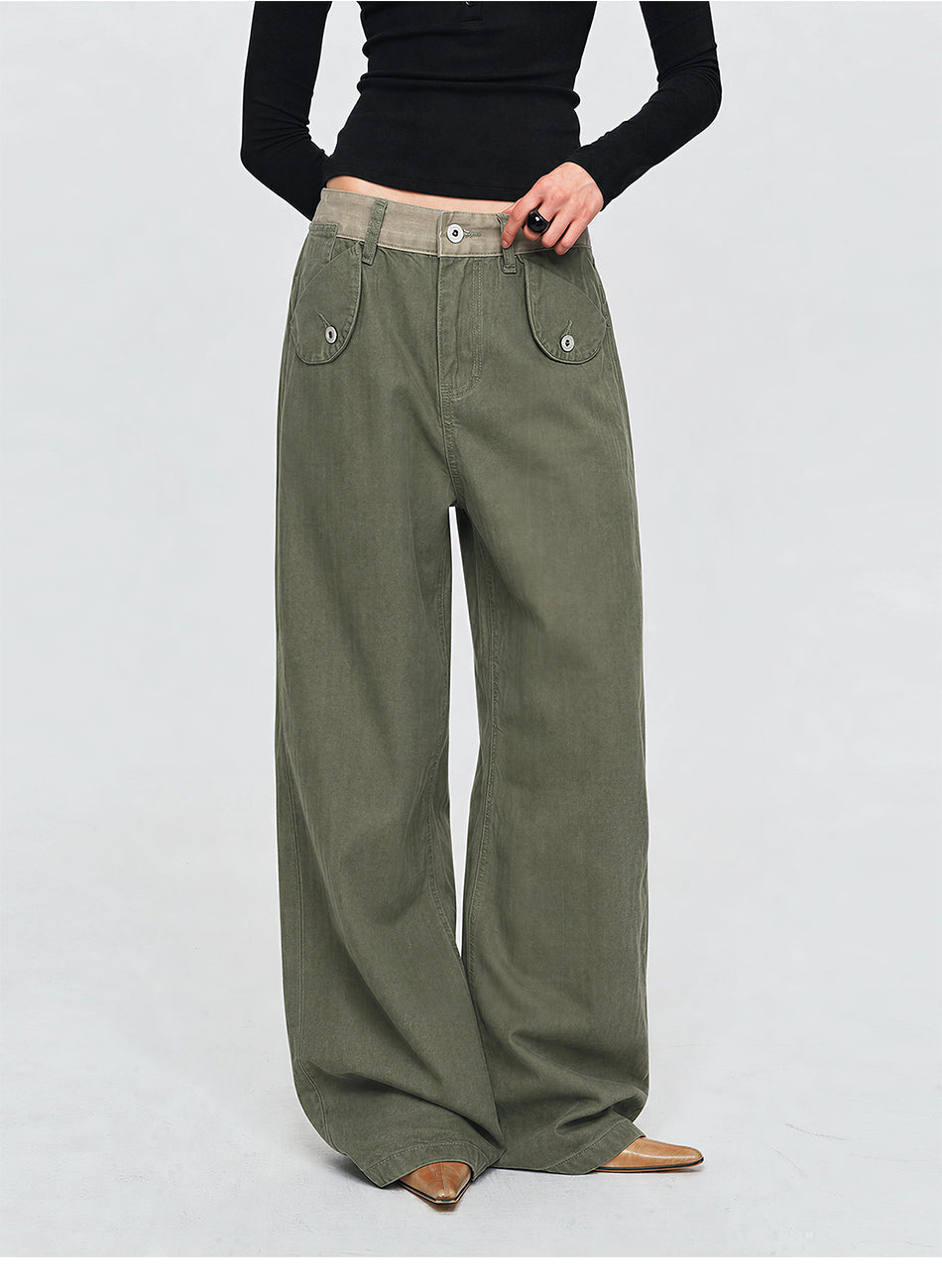 MADWITCH CONTRAST-WAIST FLAP-POCKET CARGO PANTS #Z071
