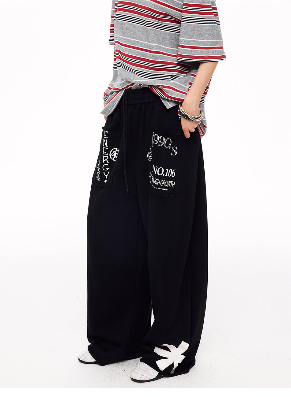MADWITCH VINTAGE GRAPHIC DISTRESSED WIDE-LEG SWEATPANTS #CK61086