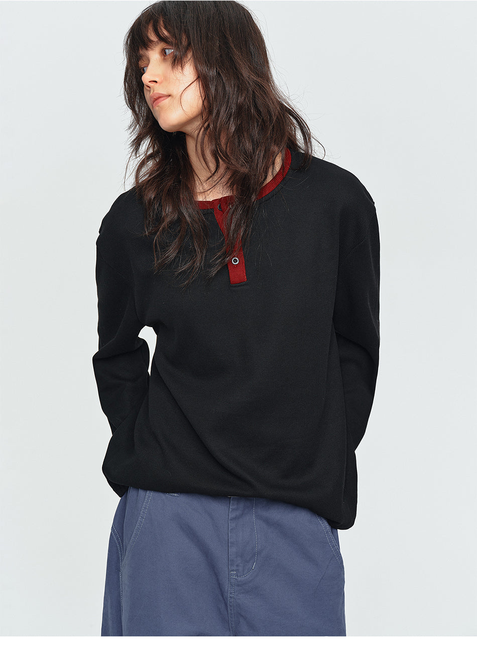 MADWITCH THUMB-HOLE CONTRAST WAFFLE HENLEY SHIRT #RT108