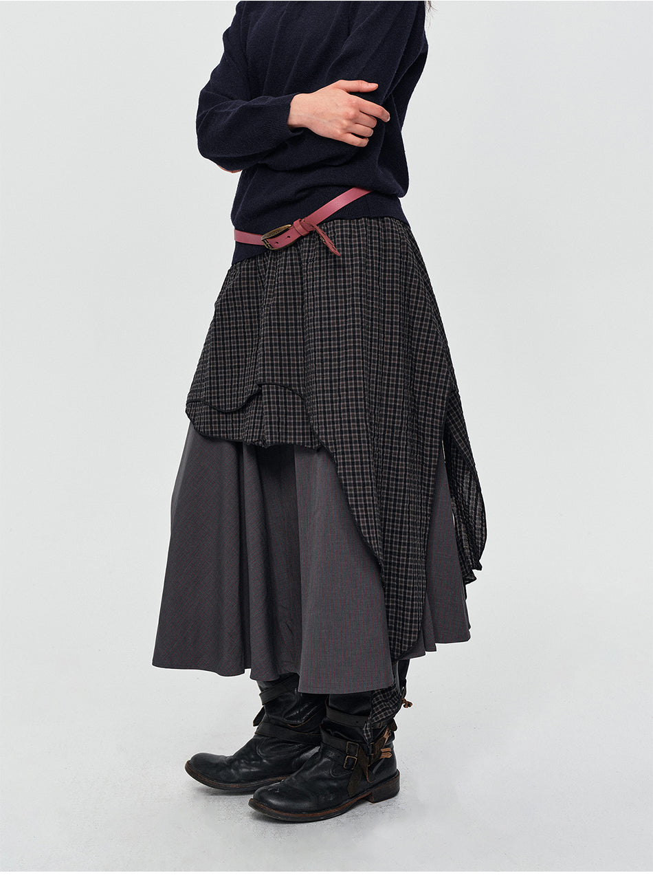 MADWITCH ASYMMETRIC LAYERED PLAID FLARE MIDI SKIRT #K102