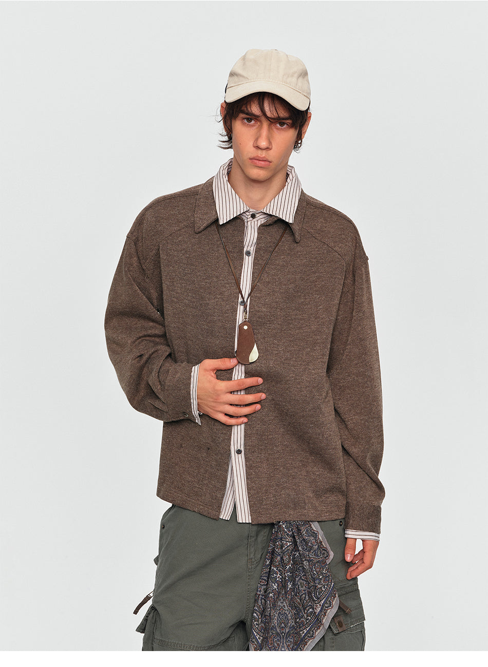 MADWITCH LAYERED BUTTONED COLLAR TEXTURED KNIT SWEATSHIRT #880813