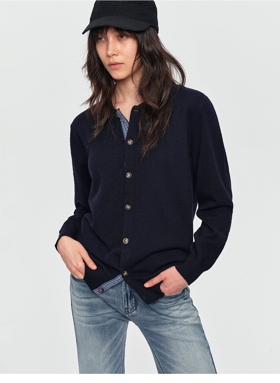 MADWITCH CONTRAST-PLACKET PLAID WOOL-BLEND CARDIGAN #11888