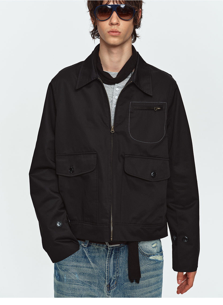 MADWITCH CONTRAST-STITCH MULTI-POCKET COLLARED UTILITY JACKET #GPCW1379