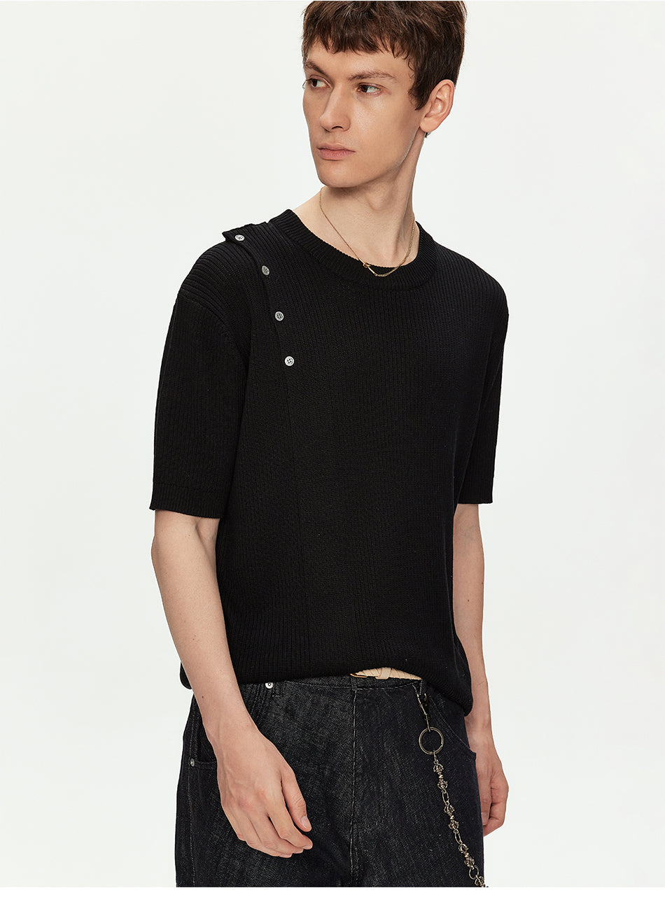 MADWITCH ASYMMETRIC BUTTON RIBBED KNIT TEE #MY26503