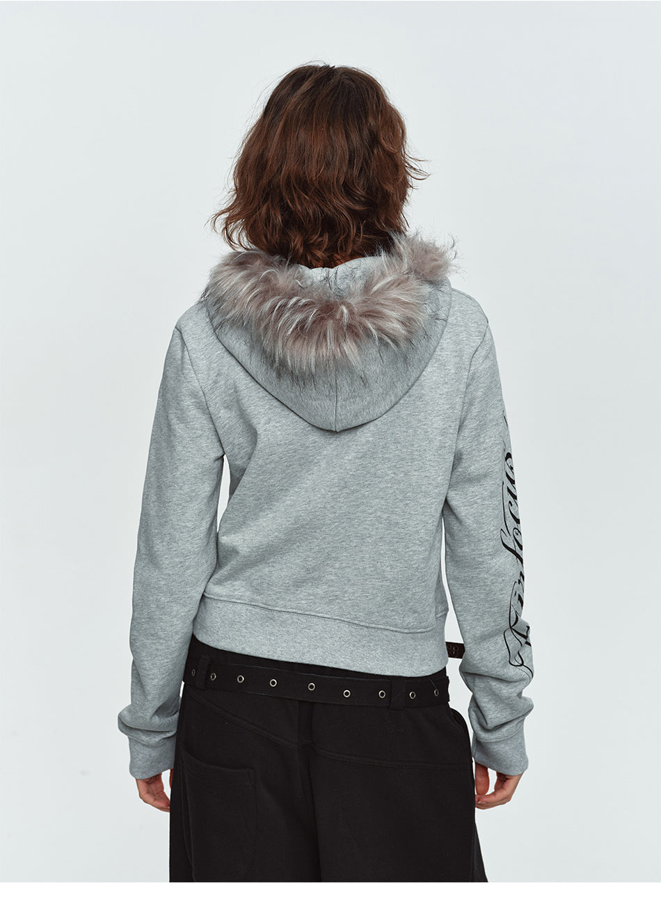 MADWITCH RHINESTONE-SCRIPT FAUX-FUR TRIM CROPPED ZIP HOODIE #L2026585